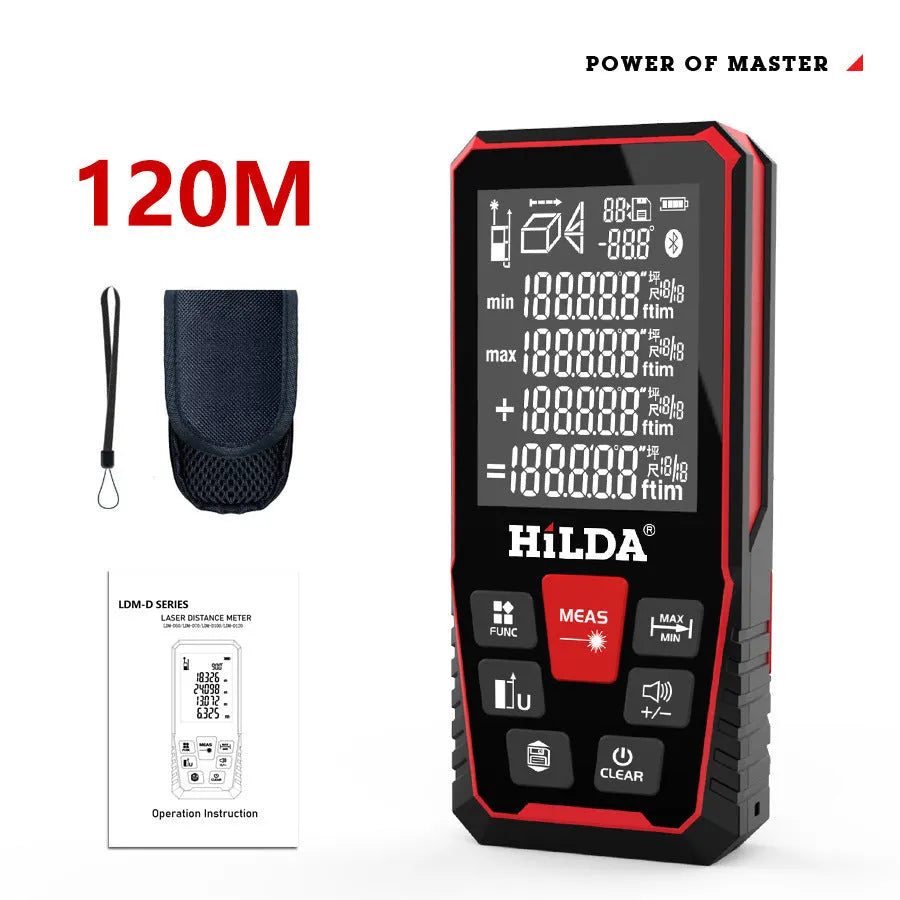 Handheld laser rangefinder for measuring distances up to 100 or 120 metres in construction and DIY.