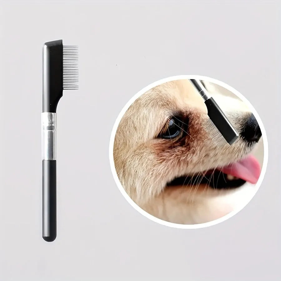 Black dual-sided pet grooming brush showing soft bristles for eyes on one end and a wider comb on the other