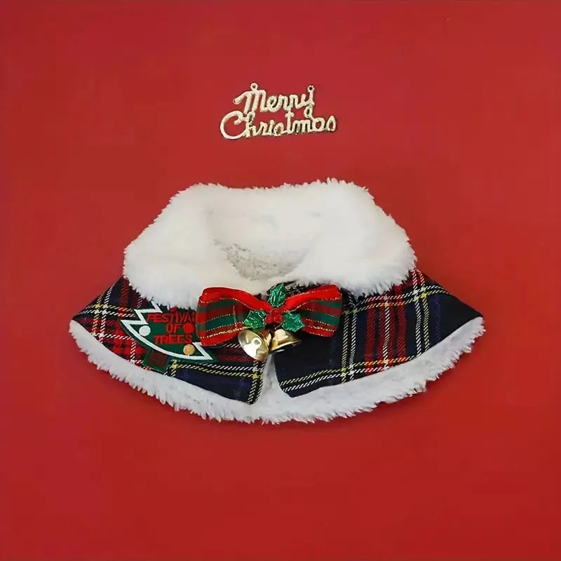 Red pet Christmas scarf with a jingle bell on a dog, showing the polyester fabric and festive design.