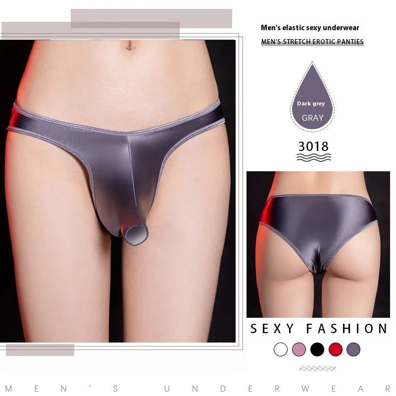 Men's low-waist T-back underwear in shiny nylon fabric, shown in multiple colour options.