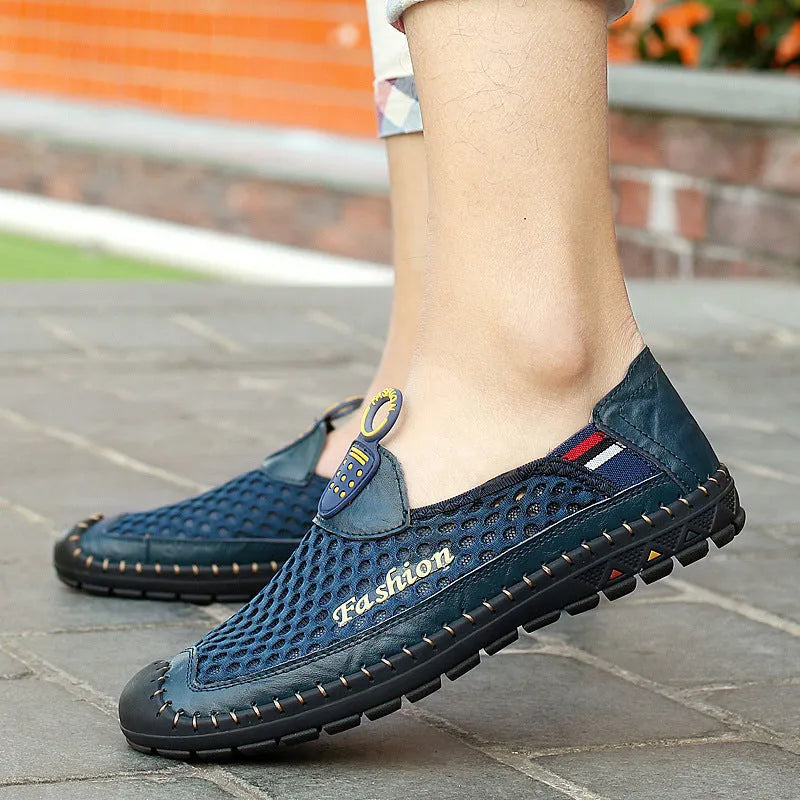 Men's brown casual mesh shoes with round toe, stitching detail, and a rubber sole.