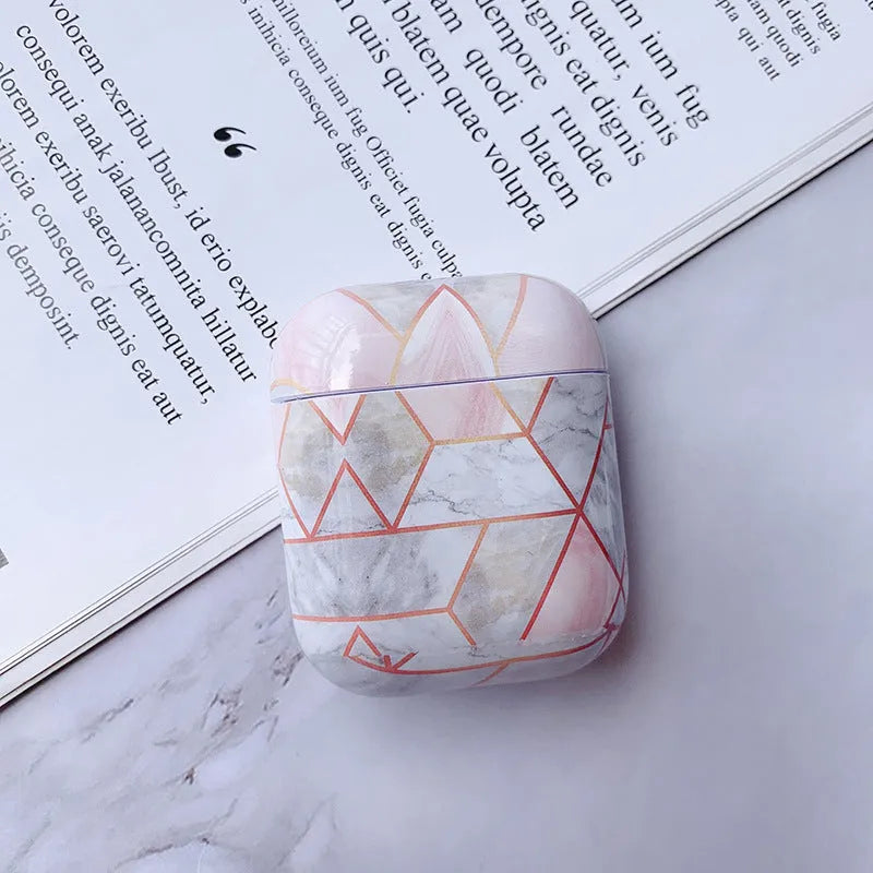 White marble effect protective hard case for Apple AirPods 1 and 2 wireless earphones