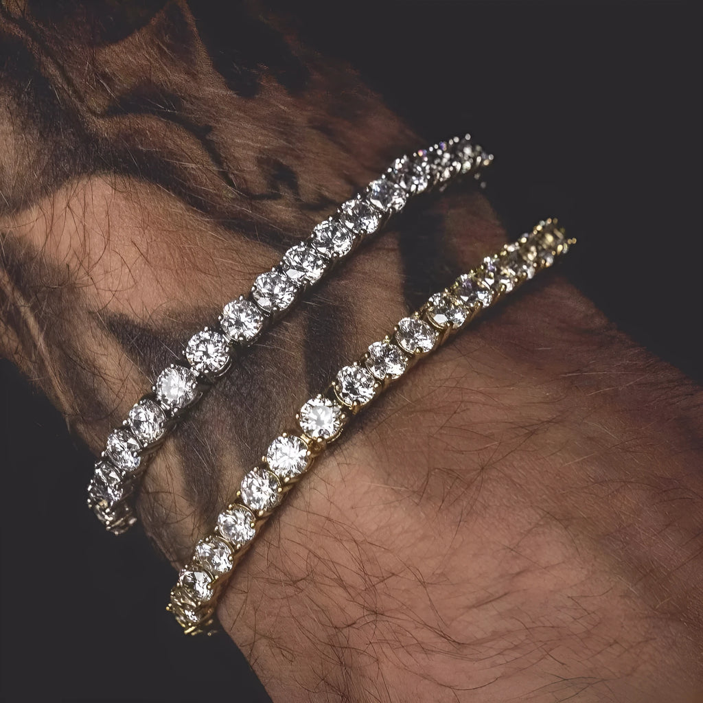 Men's geometric chain link hip hop bracelet with single row of iced out zirconia rhinestones.