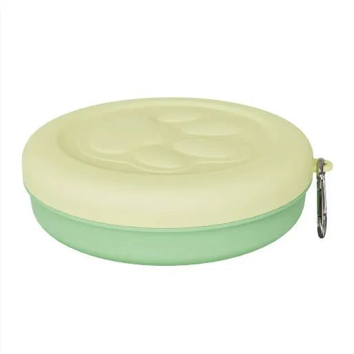 Collapsible silicone dog travel bowl in pink and green colour options