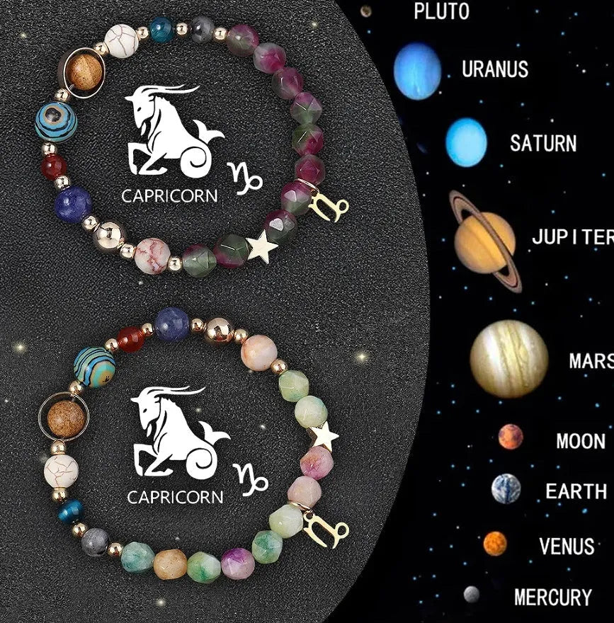 Natural stone beaded bracelets with zodiac symbols on stretchy elastic cord, showing two bracelets in set.