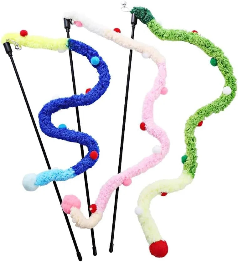 Blue green pink plush strip cat wand toy with bell on 41cm pole