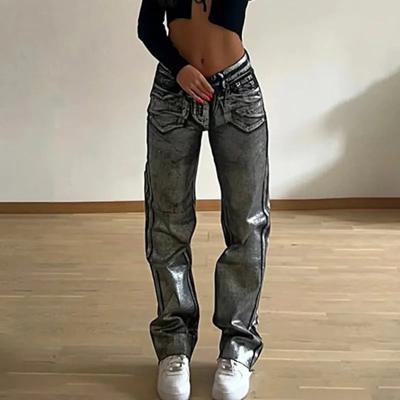 Women's blue hot silver high waist straight leg denim jeans with contrast colour street style details