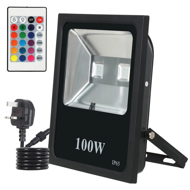 Black aluminum RGB LED flood light with IP65 rating for outdoor advertising and building lighting.