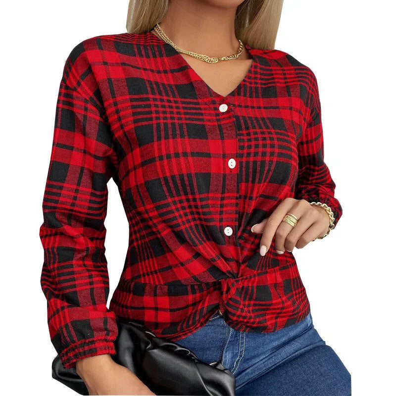 Women's purple, grey, and red plaid casual shirt with regular sleeves on a hanger.