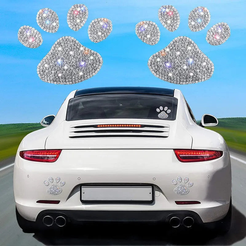 Diamond-encrusted glass car sticker with bear paw or butterfly design measuring 7 by 6 cm