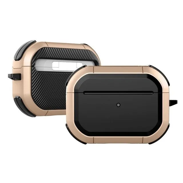 Black AirPods Pro protective shell case made from TPU and PC material shown next to an open case.