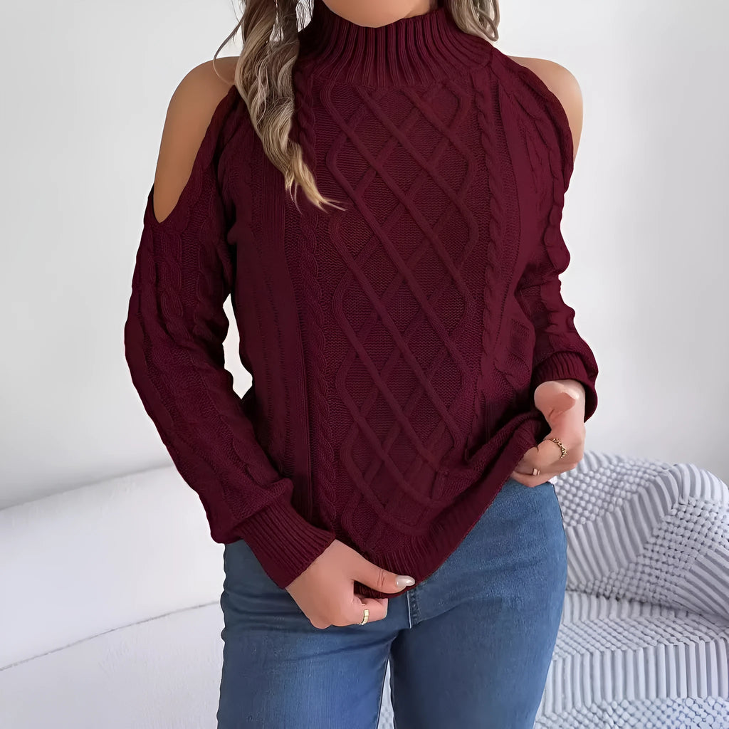 Women's twisted pattern strapless half-high collar sweater with lantern sleeves