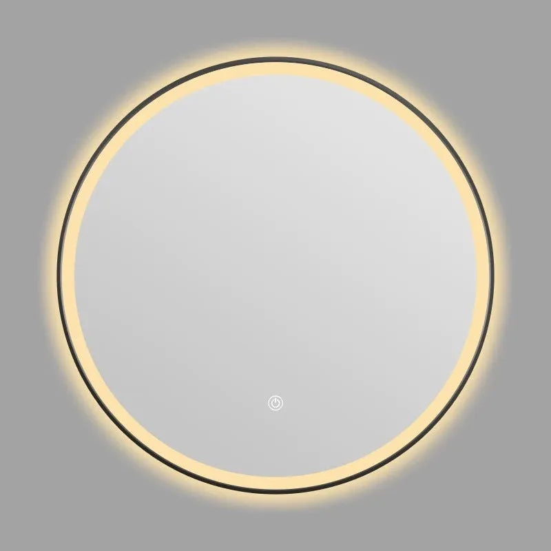 Round black aluminium frame LED smart bathroom mirror mounted on wall with illuminated surface.