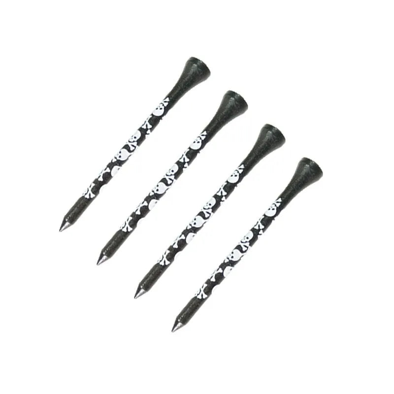 Ten black bamboo golf spike dowel pins with skull print decoration in 70mm and 83mm lengths