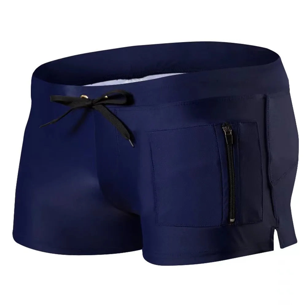 Men's black high-waist polyester swimming trunks with lace-up detail and spandex lining