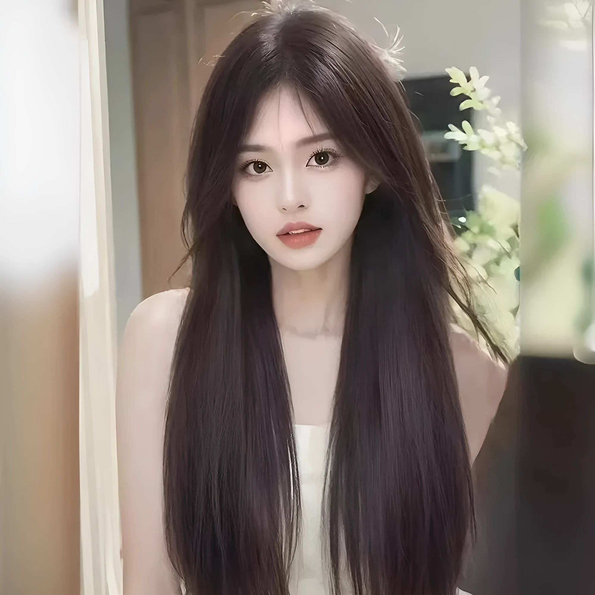 Forehead lace long straight black wig with side bangs in high temperature fibre material