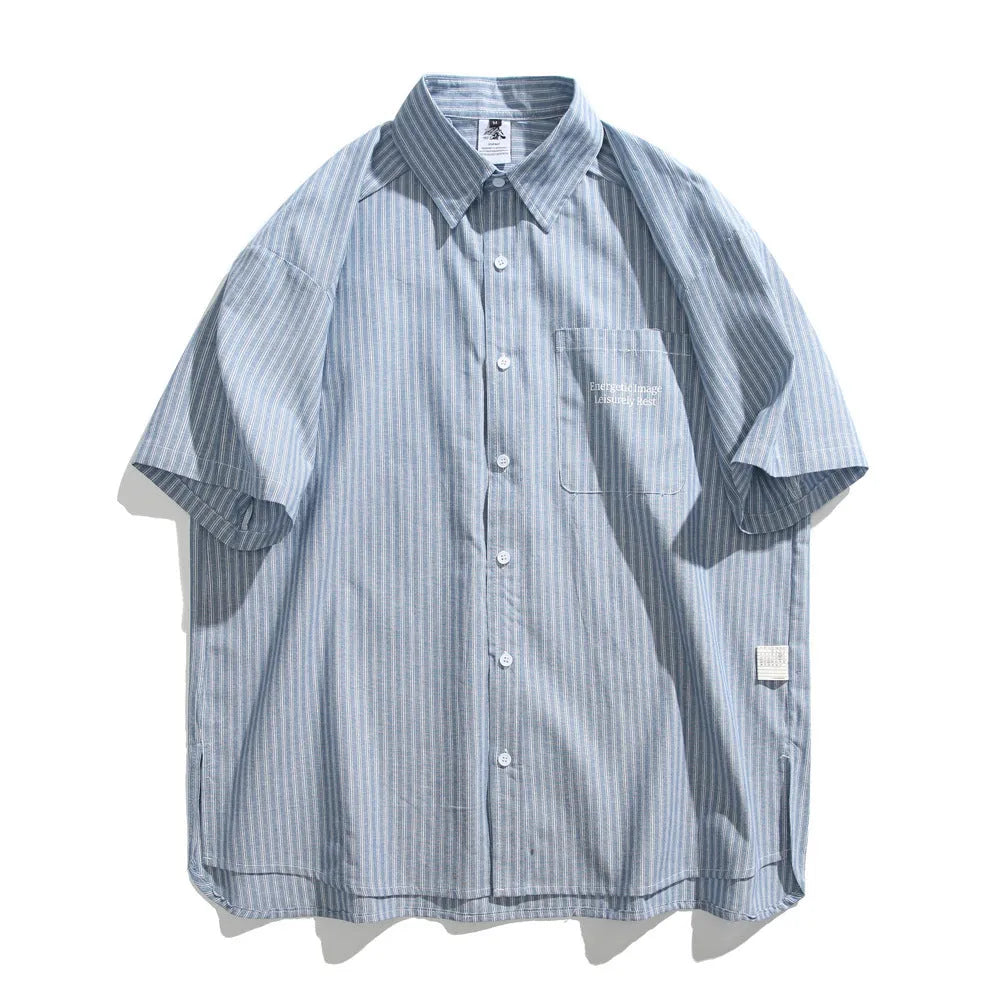 Blue and white striped loose-fit short-sleeved cardigan shirt for men and women