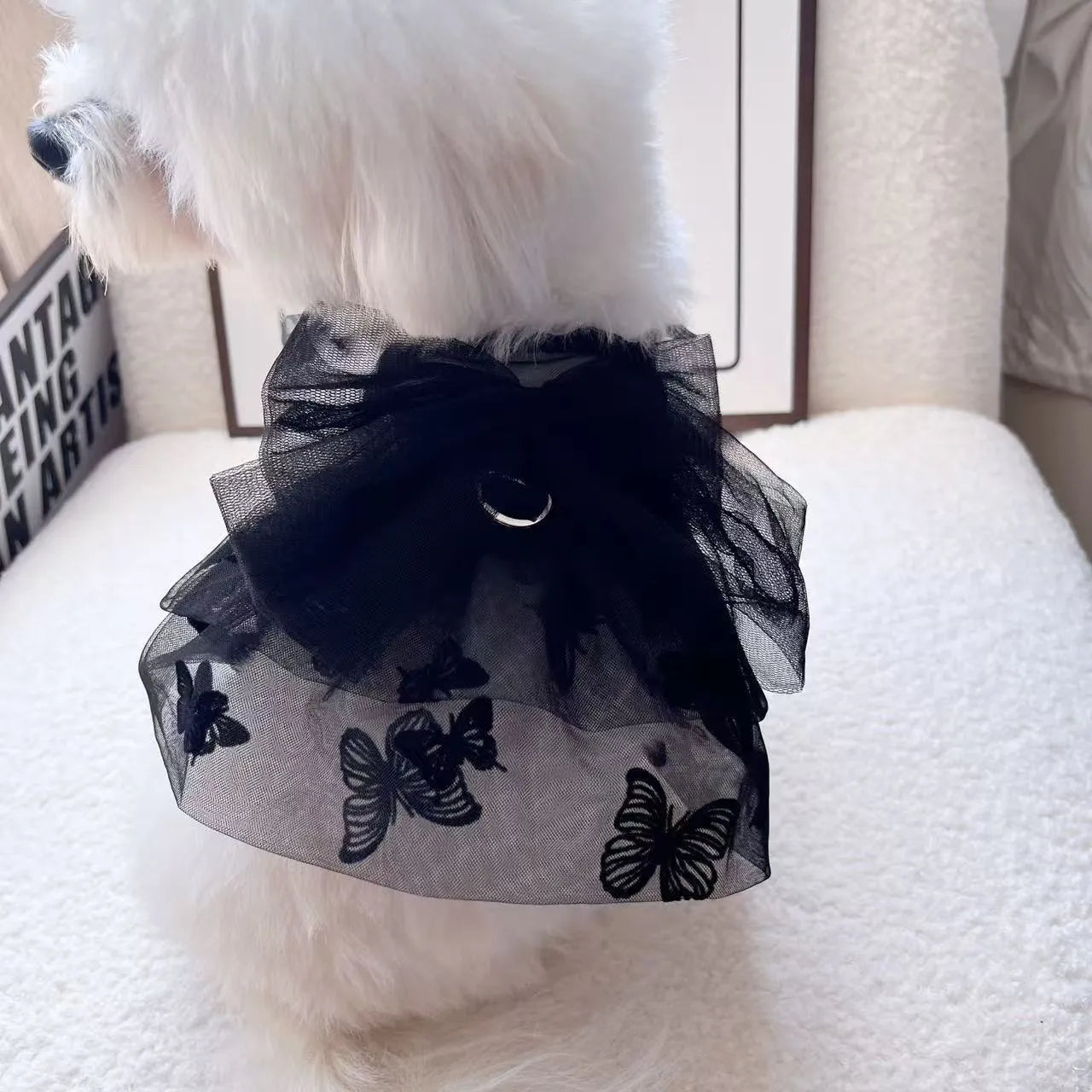 Black princess tulle skirt dress for a small dog or cat on a mannequin, showing the gauze material.