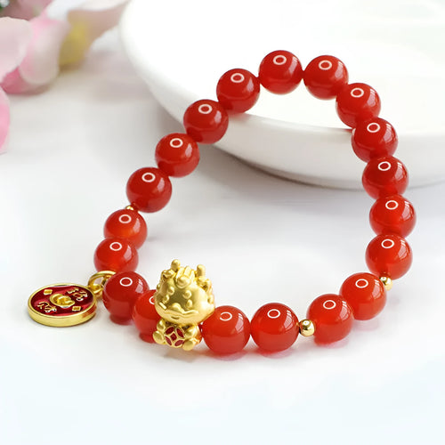 Red agate beaded dragon zodiac bracelet with 8mm beads.