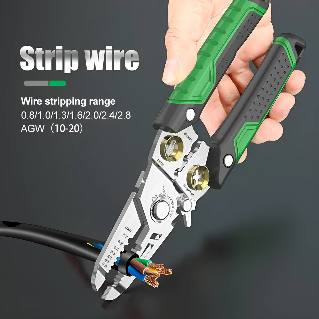Stainless steel wire stripper tool with seven size markings and a two-colour handle.