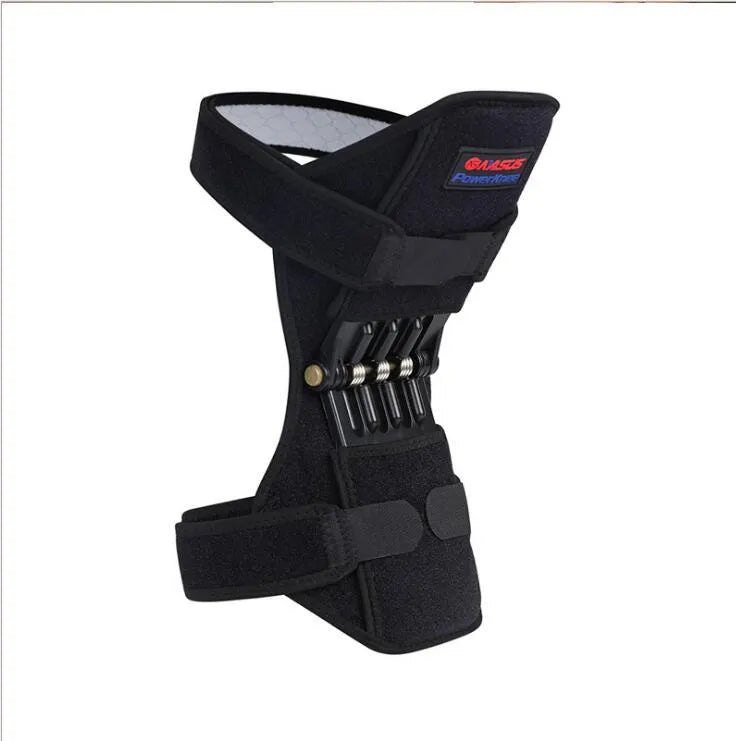 Adjustable spring knee brace support for patella, shown in black colour.