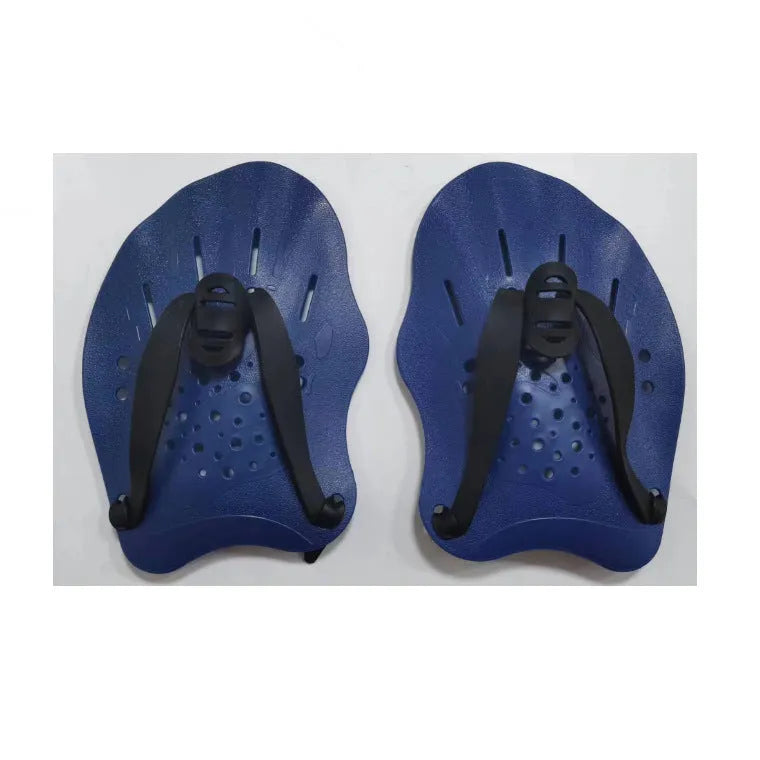 A pair of webbed swimming training hand paddles for freestyle stroke, shown in multiple colour options including dark blue with yellow.