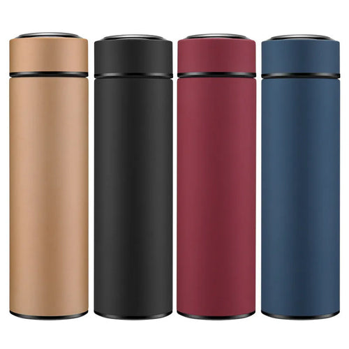 450ml stainless steel vacuum-insulated water bottle in black, red, gold, blue, and colour-changing temperature-sensitive versions.
