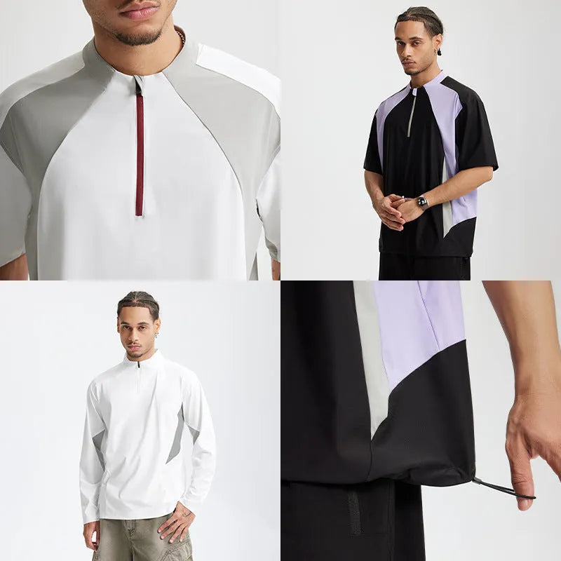 Men's solid colour lightweight polyester casual top shown in black and beige, available in long sleeve and short sleeve styles.