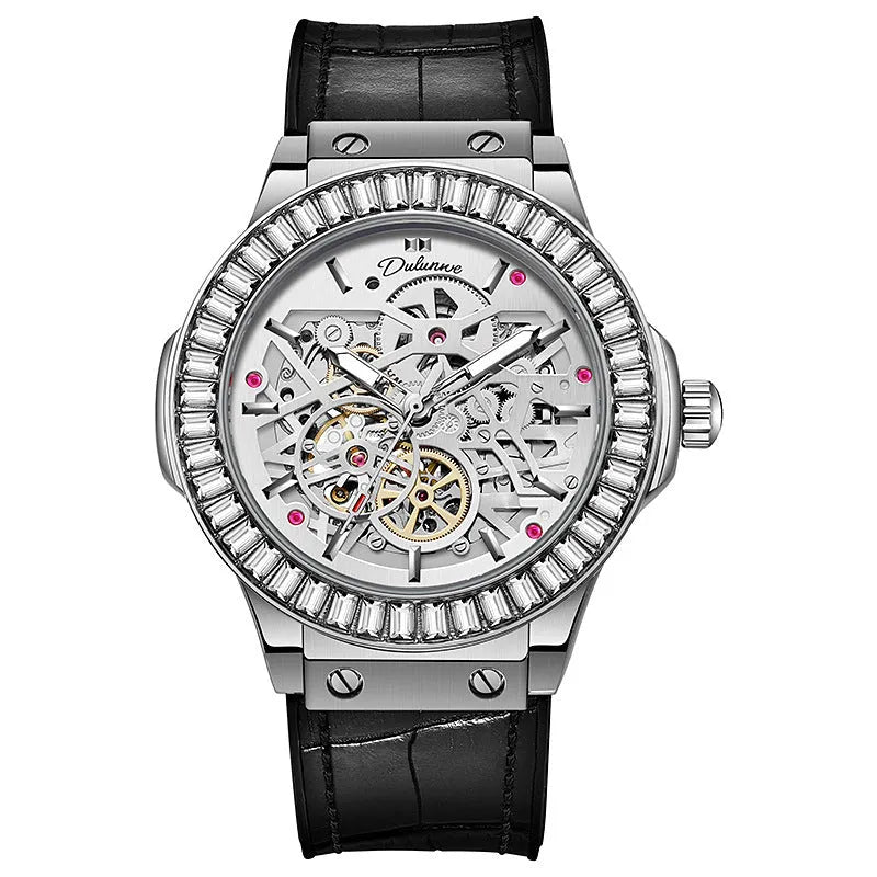 Automatic men's watch with diamond studded hollow dial and stainless steel case in business style