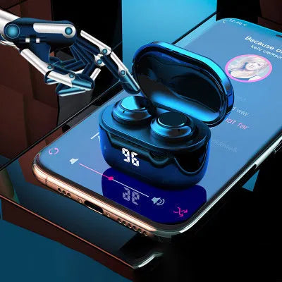 Black stereo Bluetooth headset with bilateral ear design showing wireless connectivity features