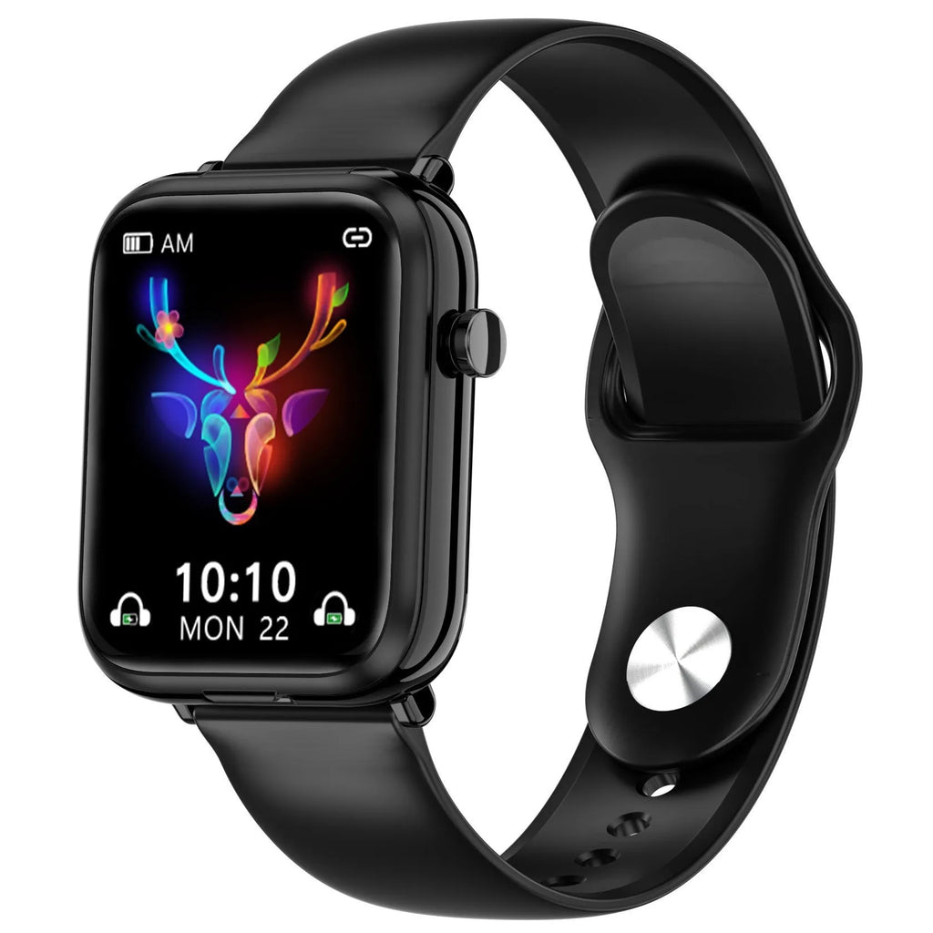 Black smartwatch with touch display and separate Bluetooth earpieces showing heart rate monitoring and call functions