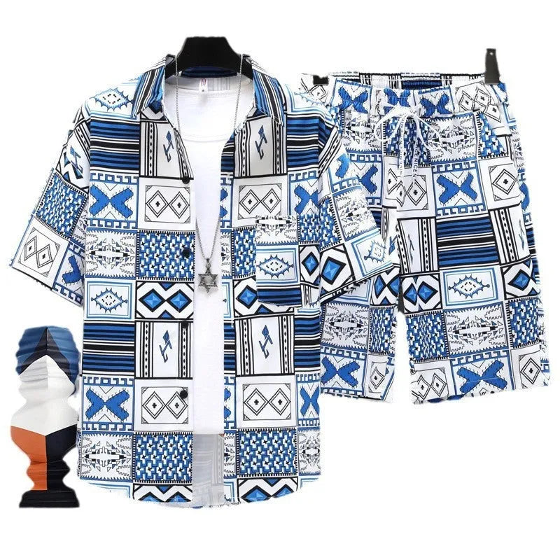 Men's casual sportswear two-piece set with short sleeve top and matching shorts in polyester fabric
