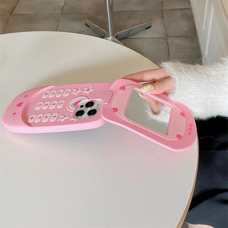 Light pink silicone flip phone shape mirror case for iPhone with anti-fall protection