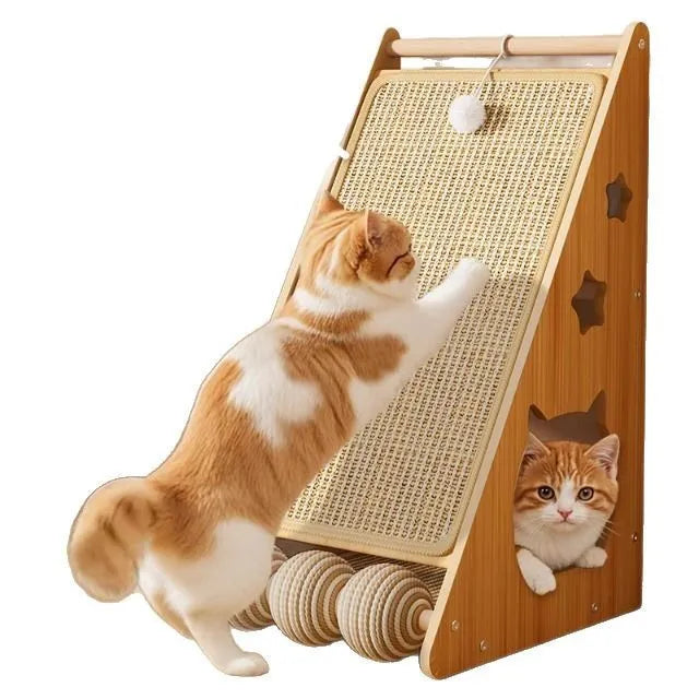 Vertical wall-mounted cat scratch board with sisal surface and cat teasing ball design