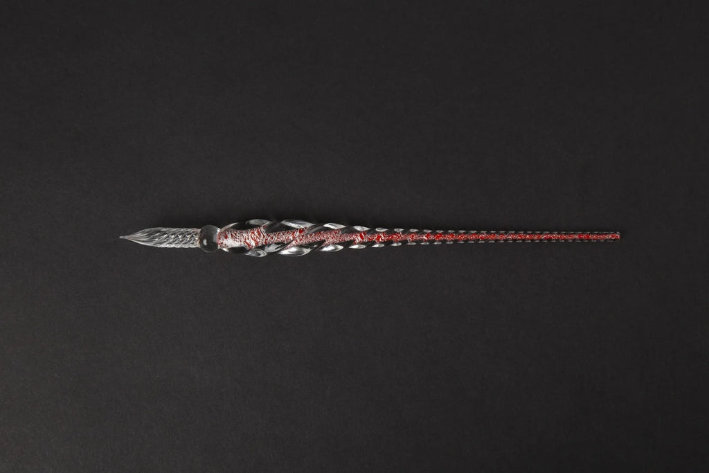 Transparent coloured glass crystal pen with water art ink in gift box, shown in multiple colour options.