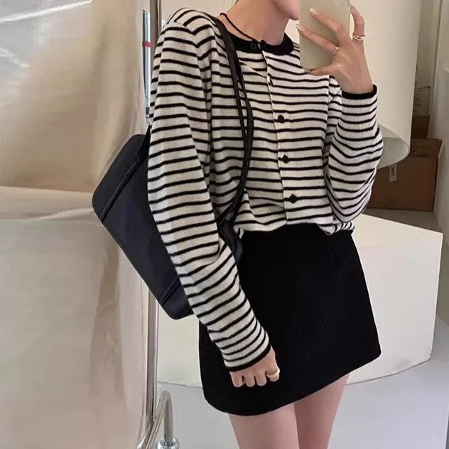 Women's dark grey and white striped cardigan coat with 40cm short length and slim fit