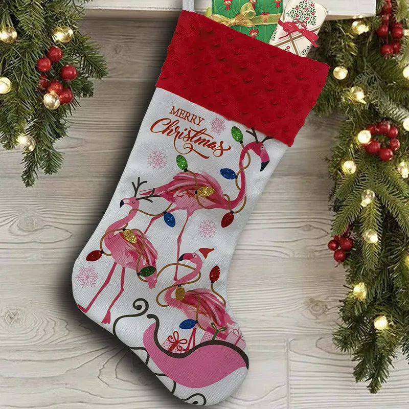 Flamingo-themed cloth Christmas stocking measuring 46 by 28 centimetres