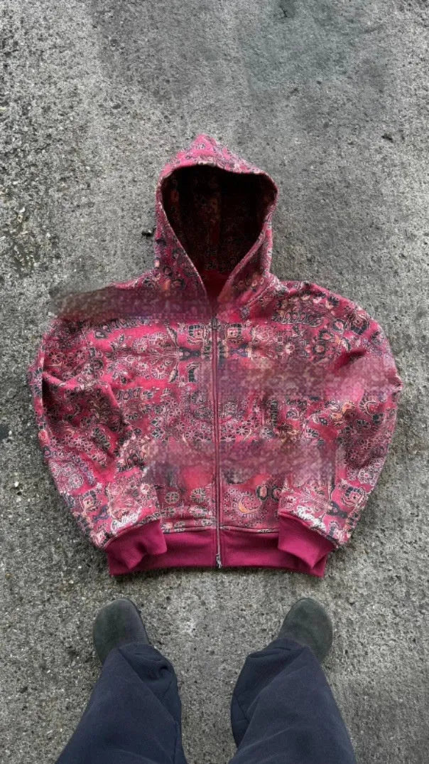 Men's loose hooded coat in red with digital printing youth casual style for autumn leisure wear