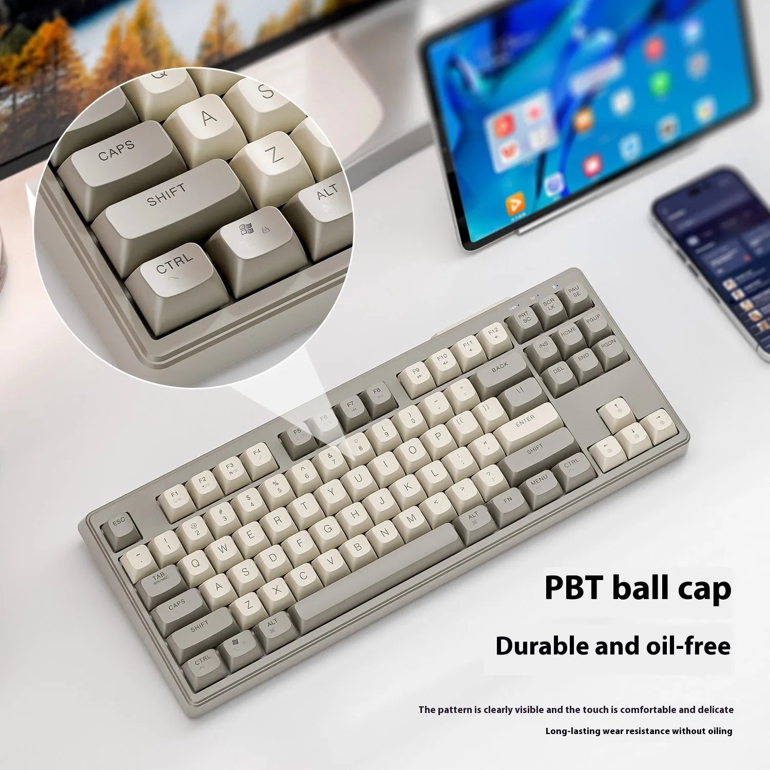 Free Wolf M87 wireless Bluetooth dual-mode mechanical feeling keyboard in blueberry colour on a desk.