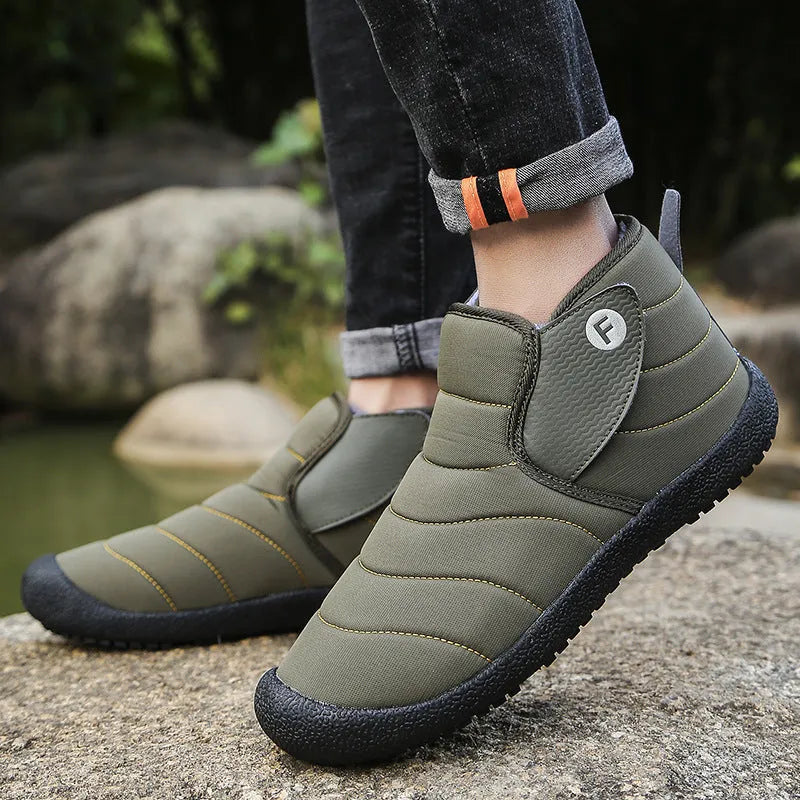 Men's waterproof cotton snow boots with non-slip rubber soles in black, blue, green, or yellow