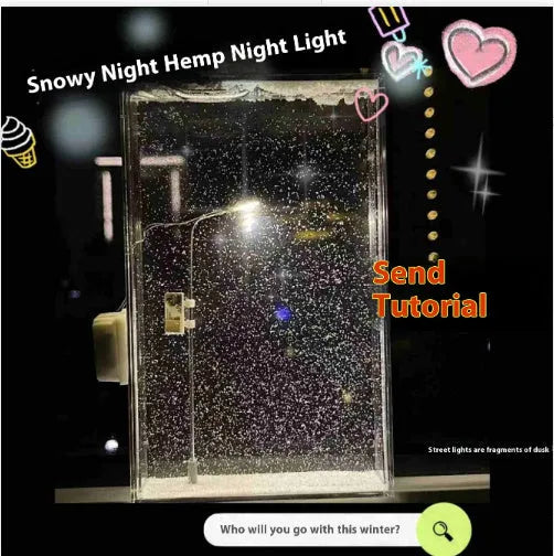DIY snowy landscape Christmas night light kit with LED lights and gift bag on a desktop