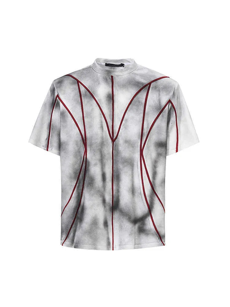 Women's padded shoulder short sleeve T-shirt with textured line patchwork design on front.