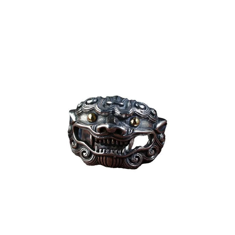 Silver open ring with detailed Jibeast zodiac animal pattern, shown on a hand.