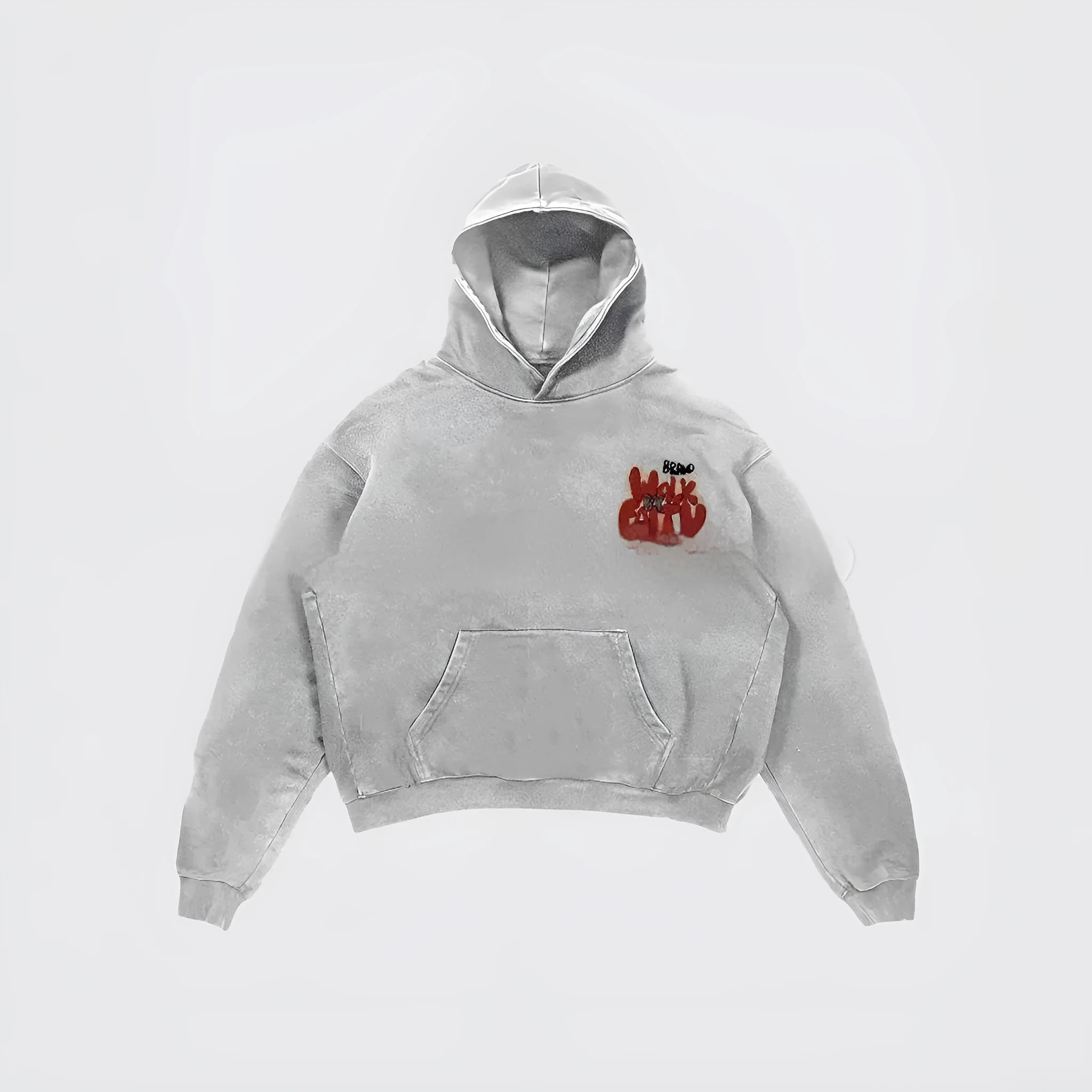Women's granny grey vintage harajuku hoodie with character letter print and front pocket.