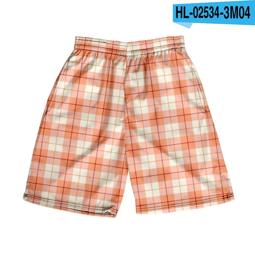 Men's polyester plaid shorts with elastic waistband in straight cut for casual wear