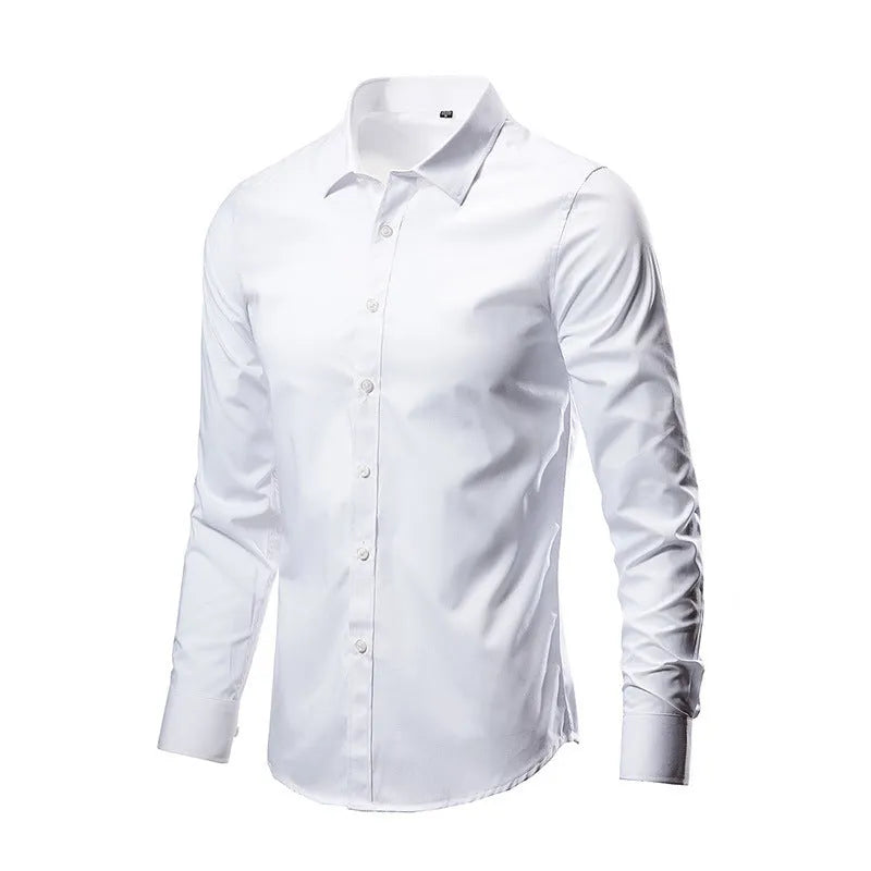 Man wearing a simple long-sleeve linen shirt in a loose fit, available in multiple colours and sizes.