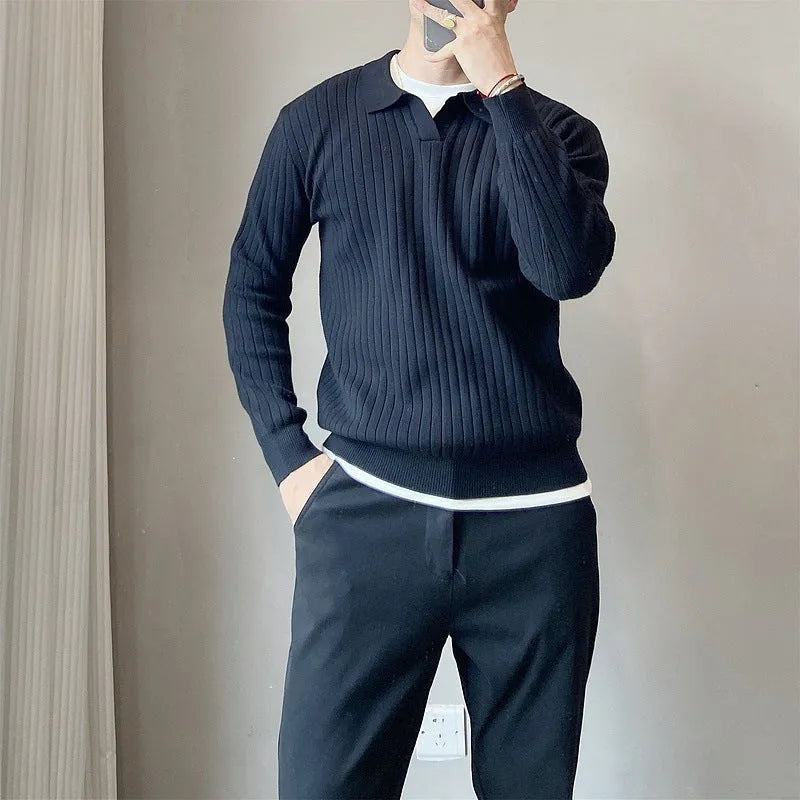 Loose striped lapel knitted sweater for boys in Army Green colour
