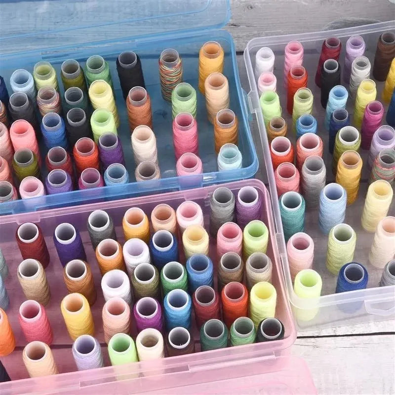 42-compartment plastic storage box for embroidery threads and sewing organisation in transparent, pink or blue
