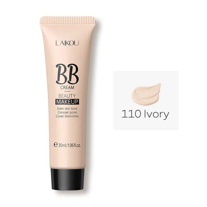 30ml tube of BB cream showing the nine available colour shades from ivory white to brown.