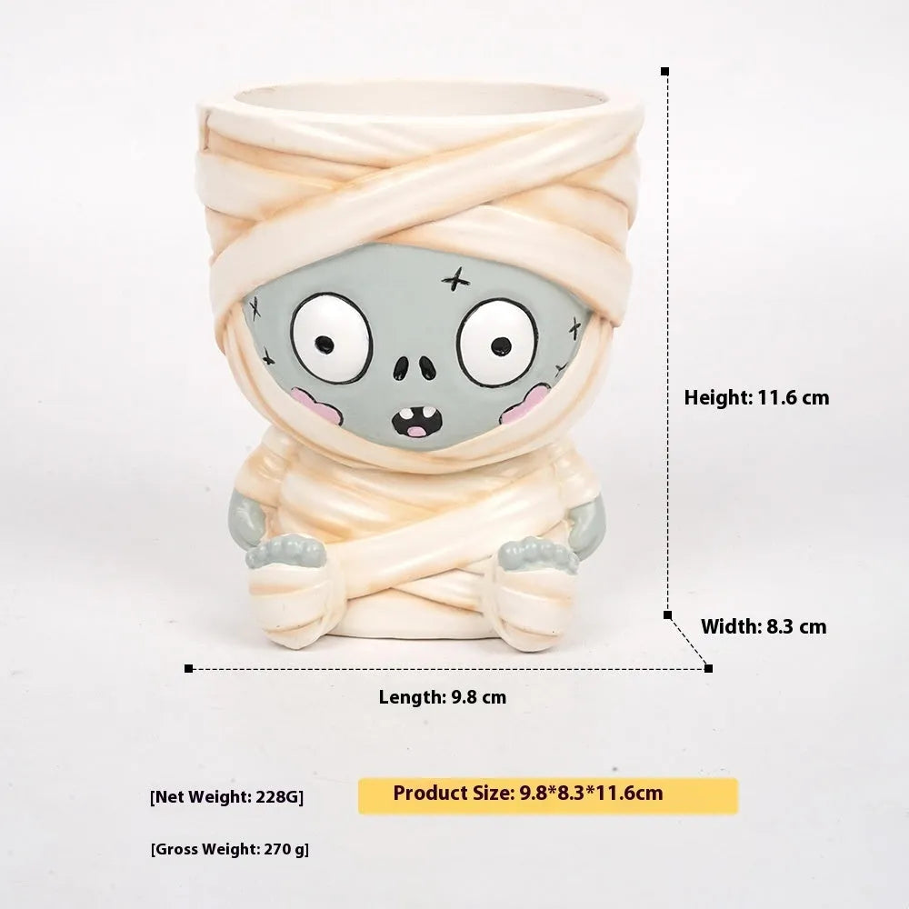 Hand-painted Halloween resin decoration cartoon flower pot in bandage zombie, ghost, Frankenstein, and death skull designs.